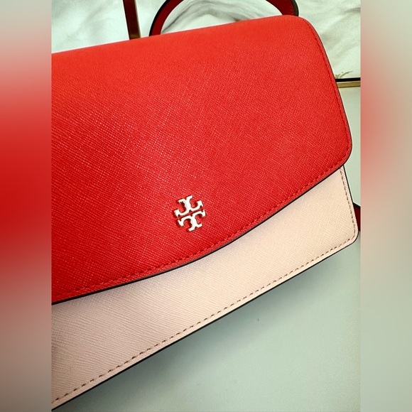 Like New Tory Burch EMERSON COLOR BLOCK MINI in BRIGHT SAMBA /PINK QUARTZ - Picture 11 of 12